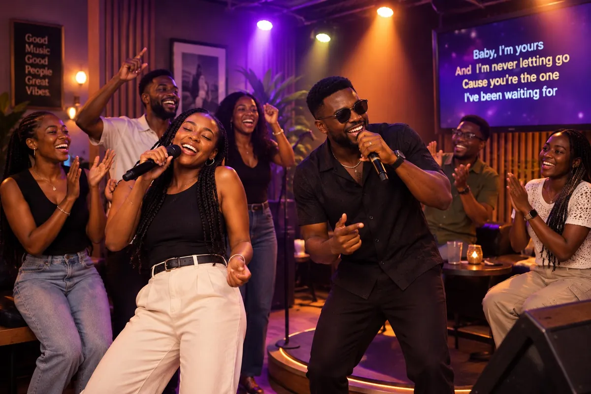 Friends singing together at an Anthemers karaoke night