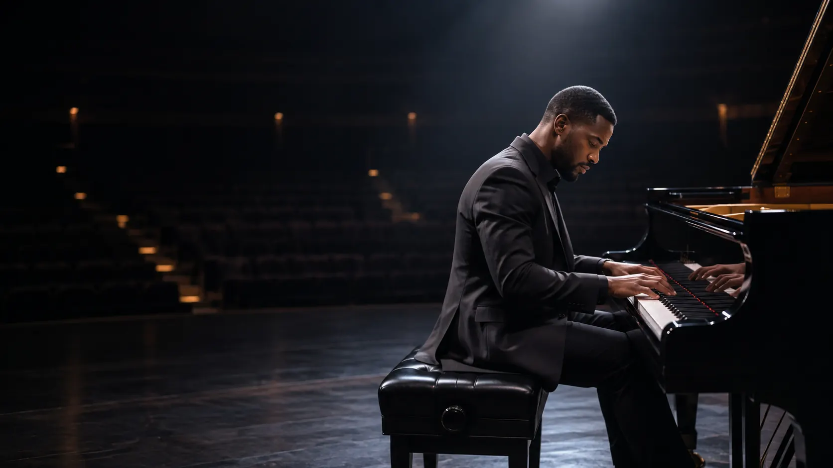 A pianist playing a grand piano on a dark stage in warm light