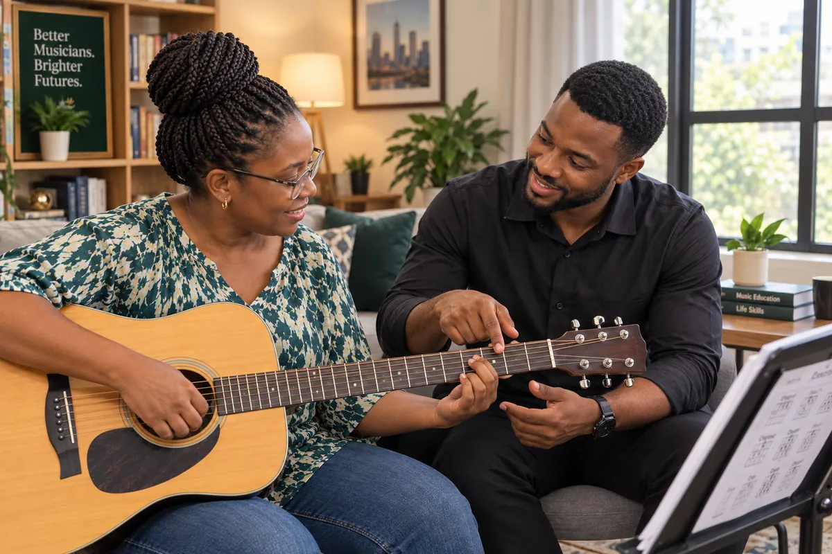 An adult learning guitar in a one-to-one lesson at home