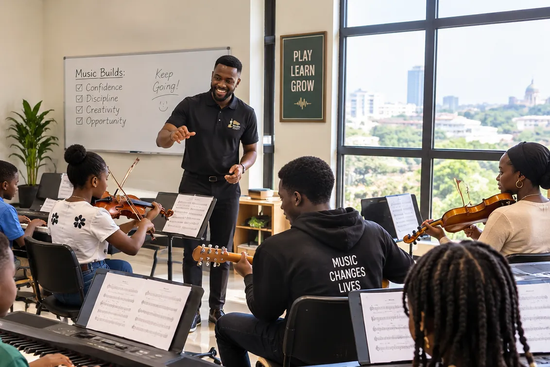 Learners playing instruments together at an Awesum Musik Saturday class