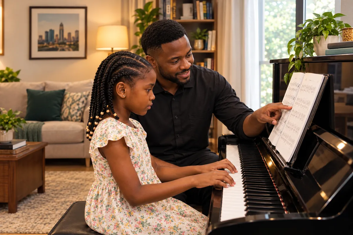 A tutor giving a child a one-to-one piano lesson at home